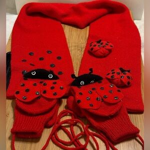 Kidorable Red Ladybug Mittens and Scarf Set - Handmade
